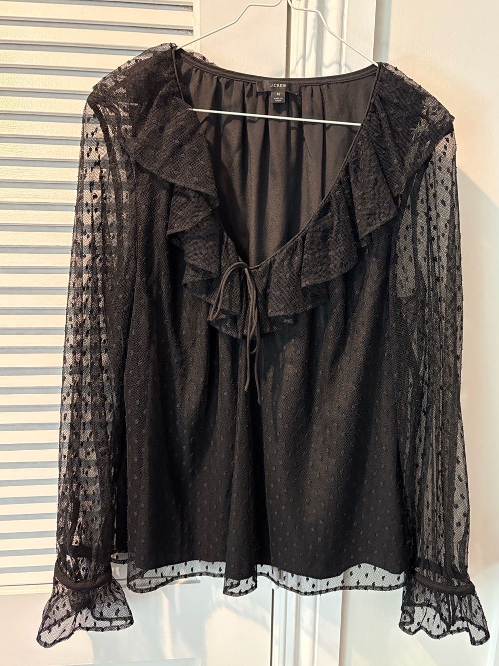 J. Crew Black Swiss Dot Ruffle Tie-Neck Blouse